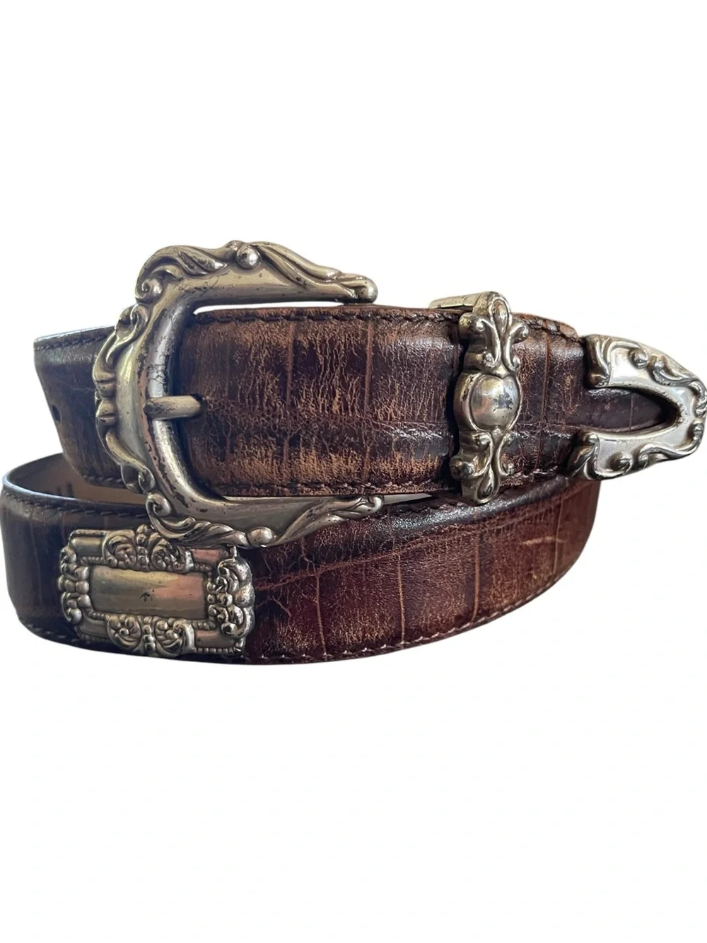 Fossil Alligator Print Embossed Leather with Silver Tone Ornate Medallions Large